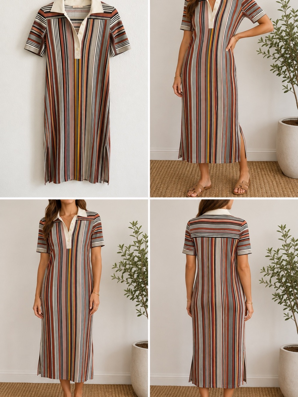 Tory Burch Short Sleeve Striped Polo Midi Dress